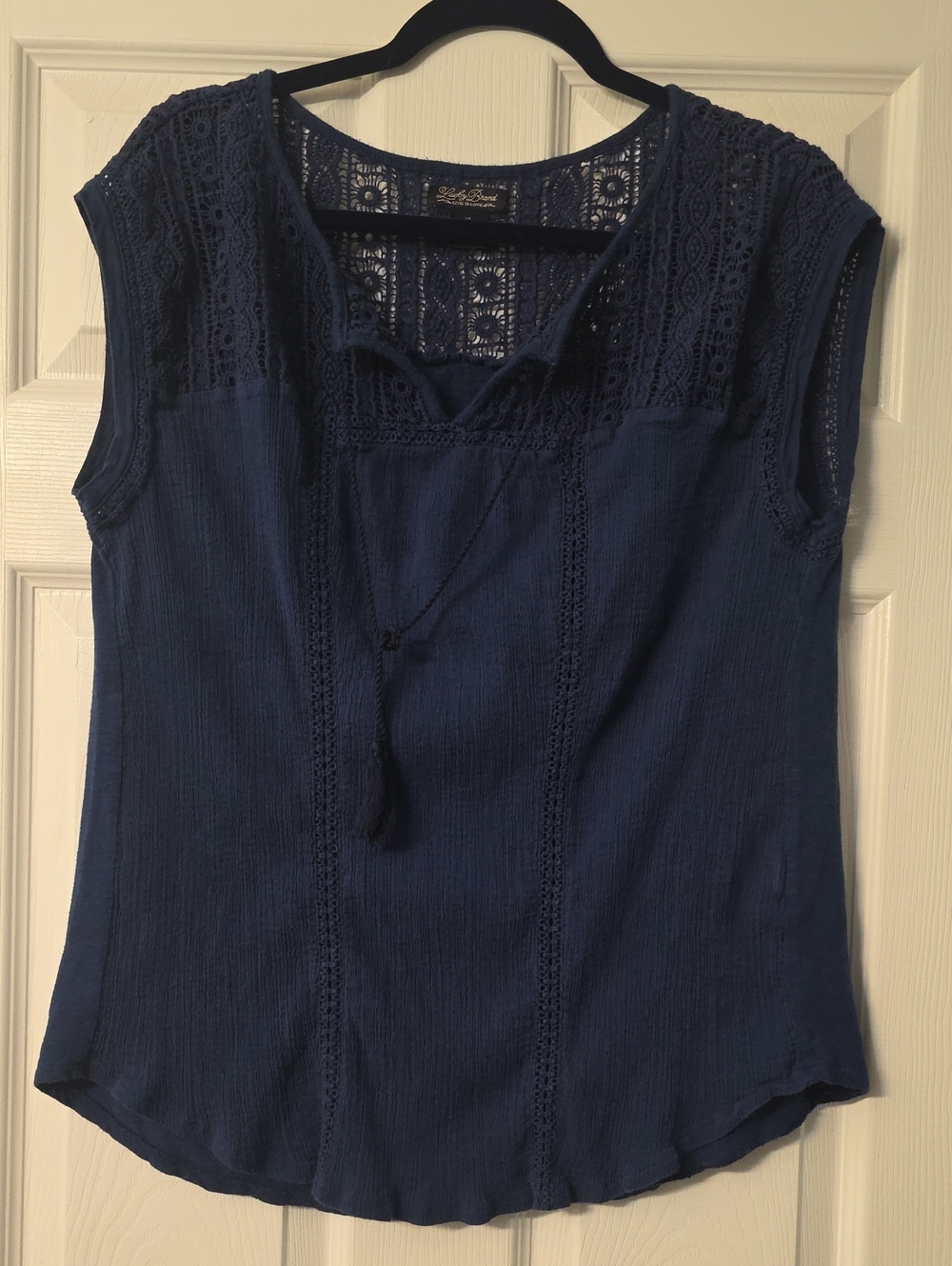Lucky Brand Navy Crochet Yoke Cap Sleeve Top